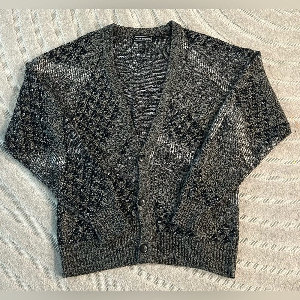 Vintage Peter England Geometric Pattern Knit Grandpa Sweater Button Cardigan - M